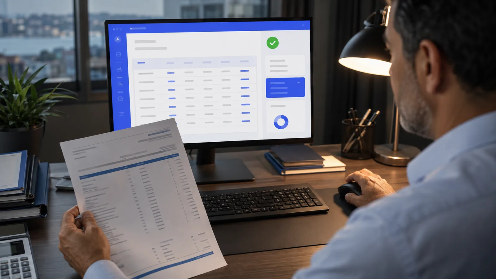Kağıt banka ekstresi ile ekrandaki düzenli Excel tablosunu karşılaştıran kullanıcı.
