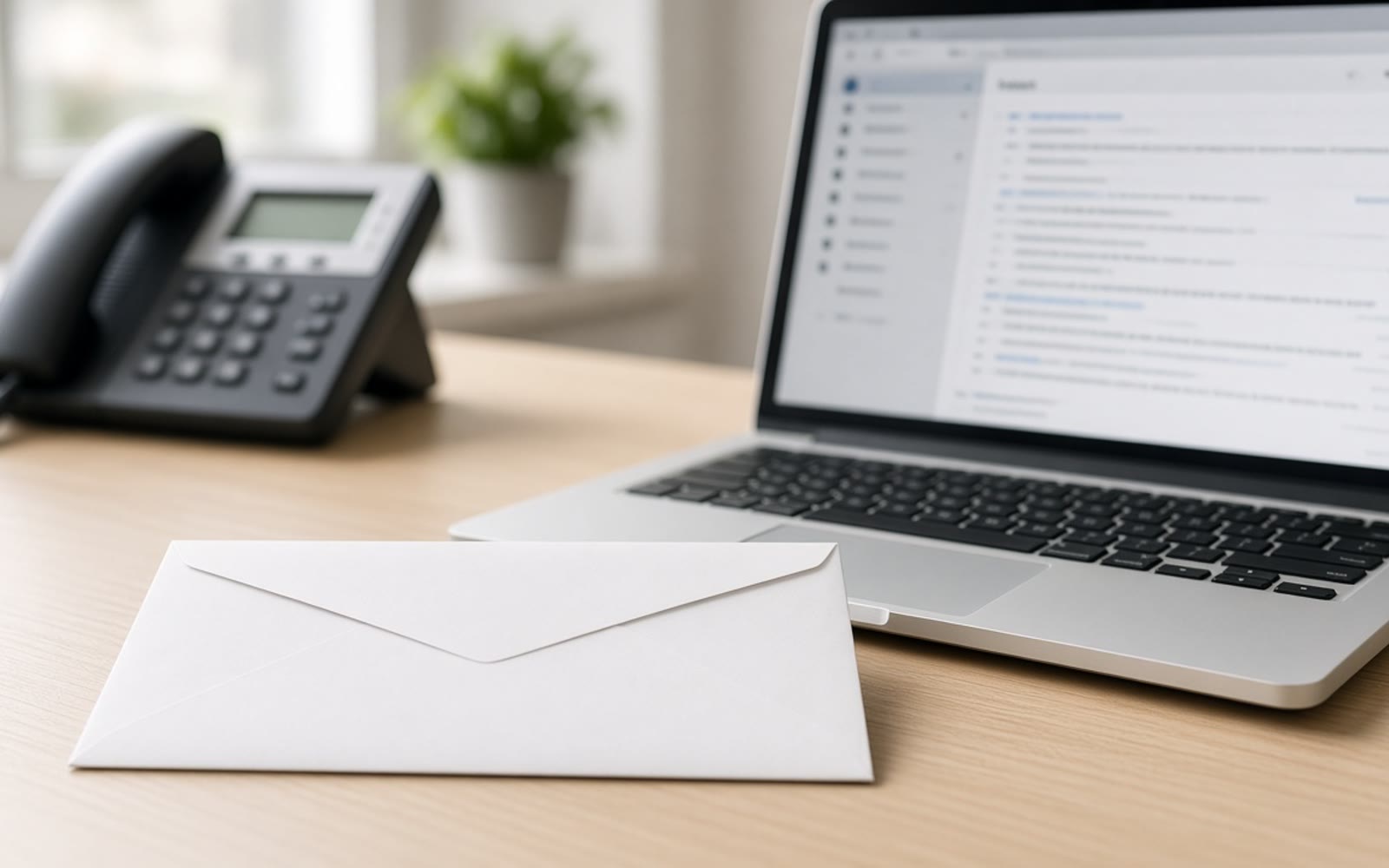Ofis masasında zarf, e-posta ekranı açık bilgisayar ve masa telefonu