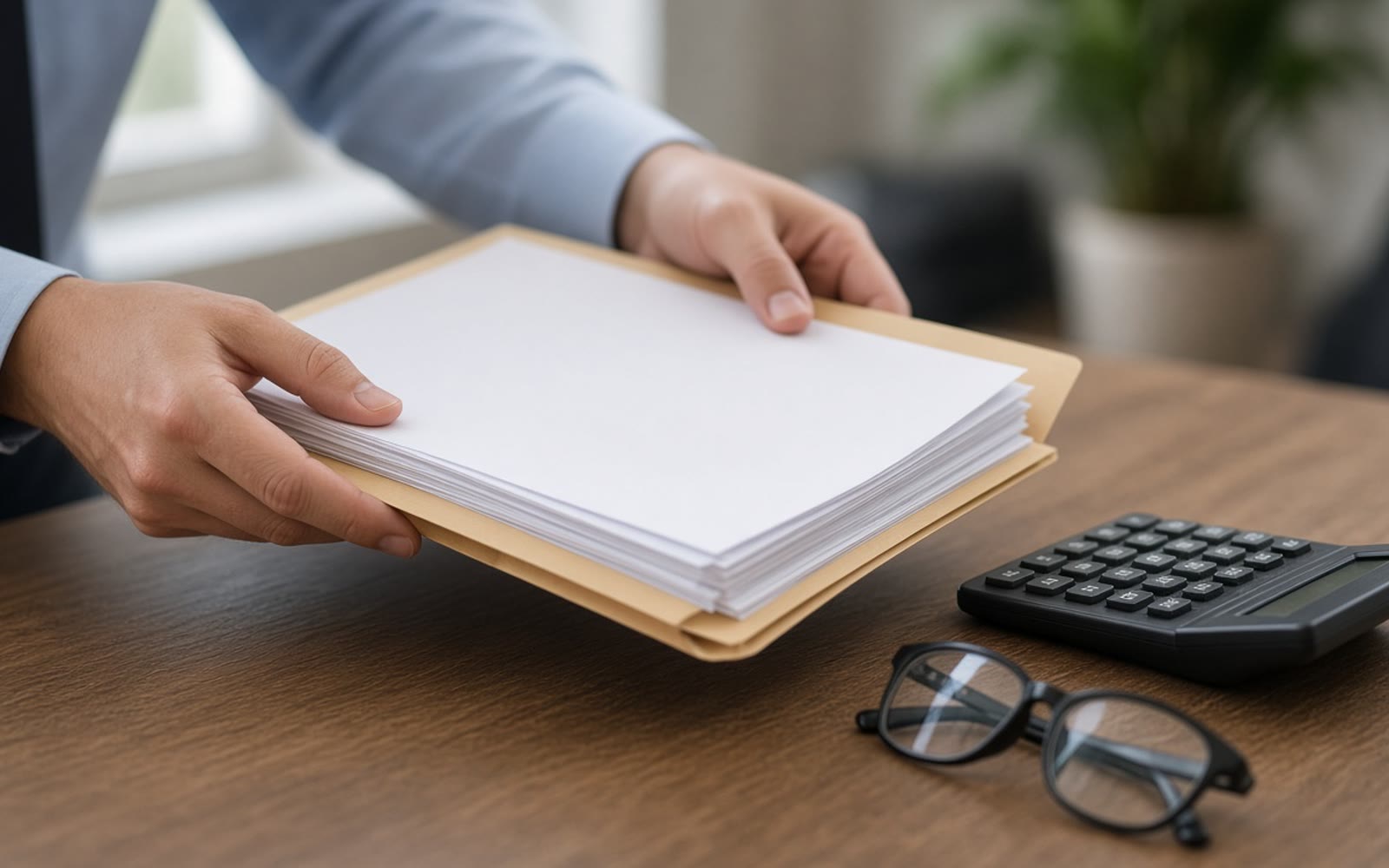 Denetim masasında dosya inceleyen eller, hesap makinesi ve gözlük; doğal ofis ışığında sigorta ve mali denetim temalı fotoğrafik kapak.