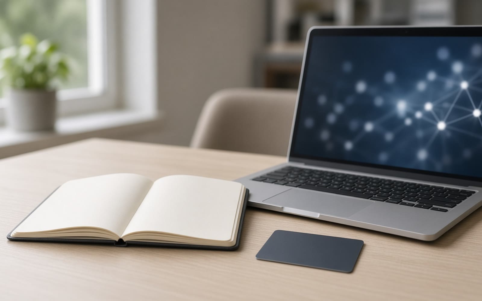 Uyum masasında defter, banka kartı ve yumuşak ağ ışıltılı dizüstü; alternatif değer transfer uyumu temalı fotoğrafik kapak.