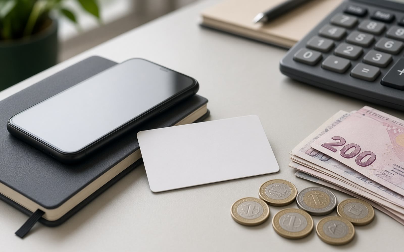 Ödeme ofisi masasında boş ekranlı telefon, logosuz kart, Türk lirası banknot ve madeni paralar ile hesap makinesi; doğal ofis ışığı.