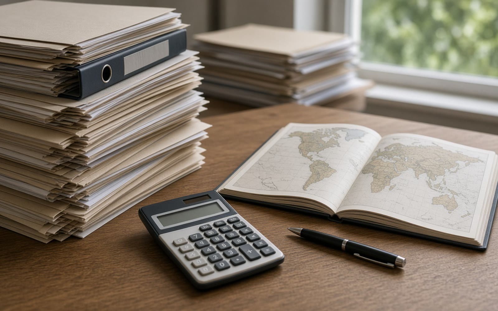 Denetim masasında dosya klasörleri, hesap makinesi ve dünya haritalı defter; vergi denetimi ihtisas temalı fotoğrafik kapak.