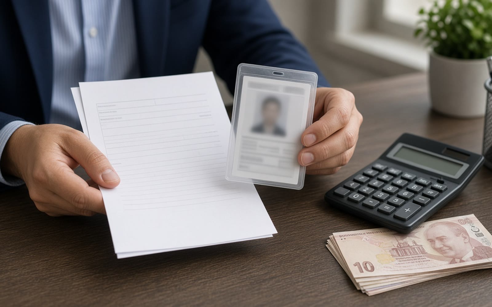 Banka/uyum masasında kimlik ve form inceleyen eller; hesap makinesi ve Türk lirası banknotları, doğal ofis ışığı.