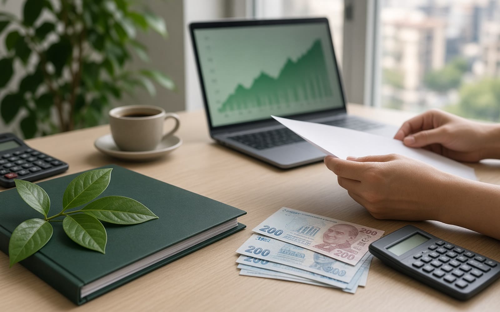 Finans ofisi masasında yeşil yapraklı klasör, Türk lirası banknotları, hesap makinesi ve yeşil grafik ışıltılı dizüstü; doğal pencere ışığı.